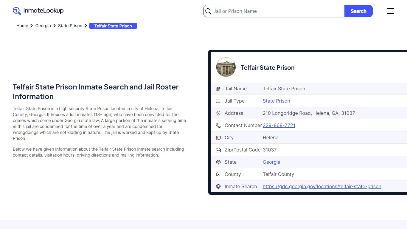 Telfair State Prison Inmate Search and Jail Roster Information