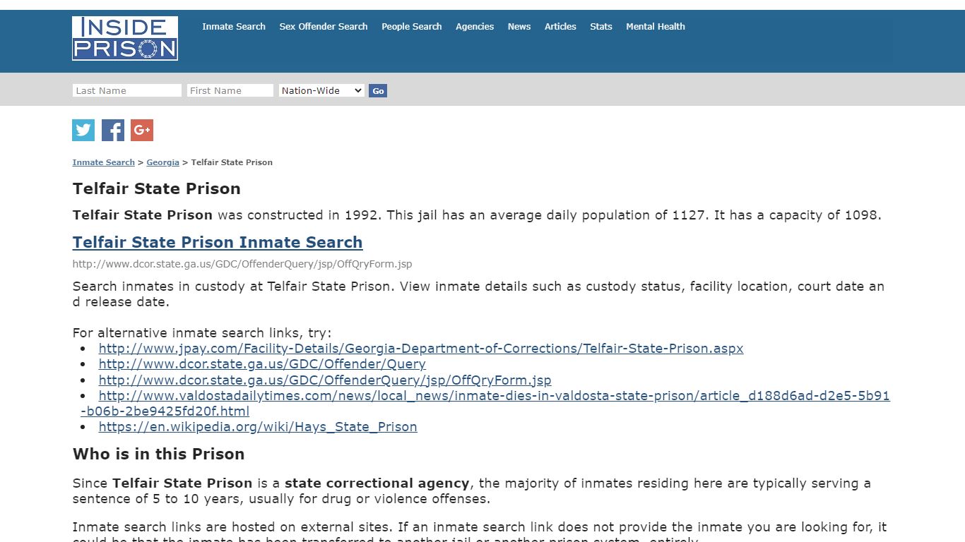 Telfair State Prison - Georgia - Inmate Search